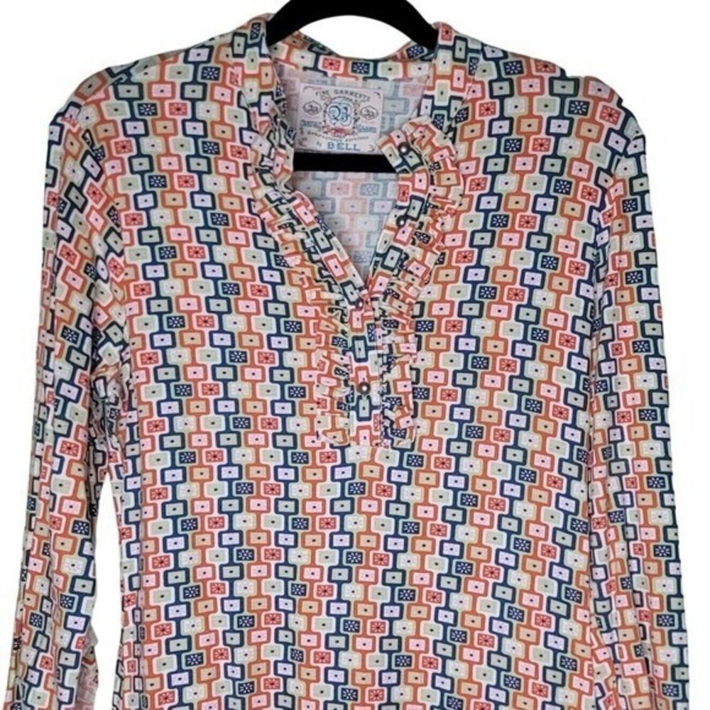 Fine Garments by Bell Boho Shift Dress Multicolor Split Neck MOD 70s Retro L